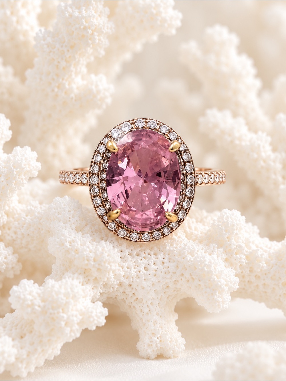 Size 8 Rose Gold Pink Oval Halo Ring with Pavé Diamonds